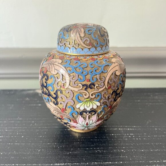 Source Unknown Other - Vintage Chinese Cloisonné Enamel Floral Scroll Lotus Ginger Jar With Lid Etched